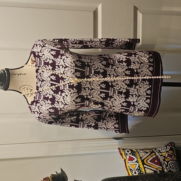 Talbots Chic Long Sleeve Floral Top - Plum and White - Picture 5 of 8